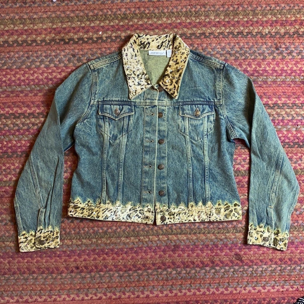 RETRO Y2K CHEETAH TRIM RHINESTONE JEAN JACKET